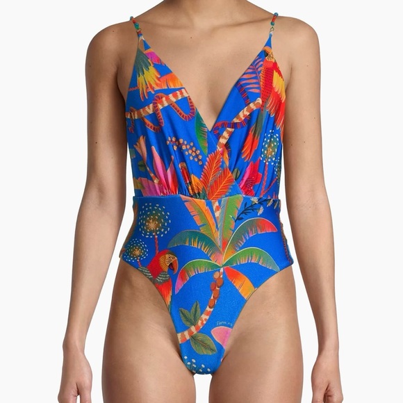 FARM Rio One Piece Swimsuit NWT Macaw Party in Party Blue Tropical Print Large - Picture 3 of 16